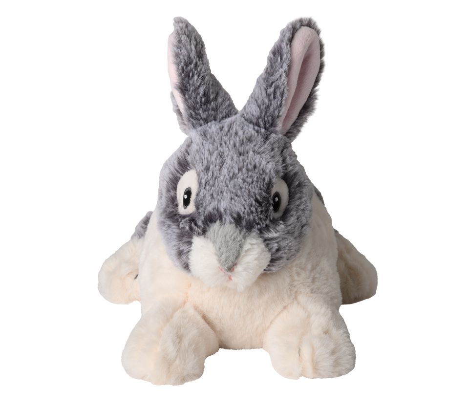 Ein Warmies Kaninchen, ein graues und cremefarbenes Stofftier, blickt direkt nach vorne. Die Ohren sind aufgestellt, die Innenseite rosa. Das Kaninchen ist aus weichem Material gefertigt und hat ein freundliches Gesicht.