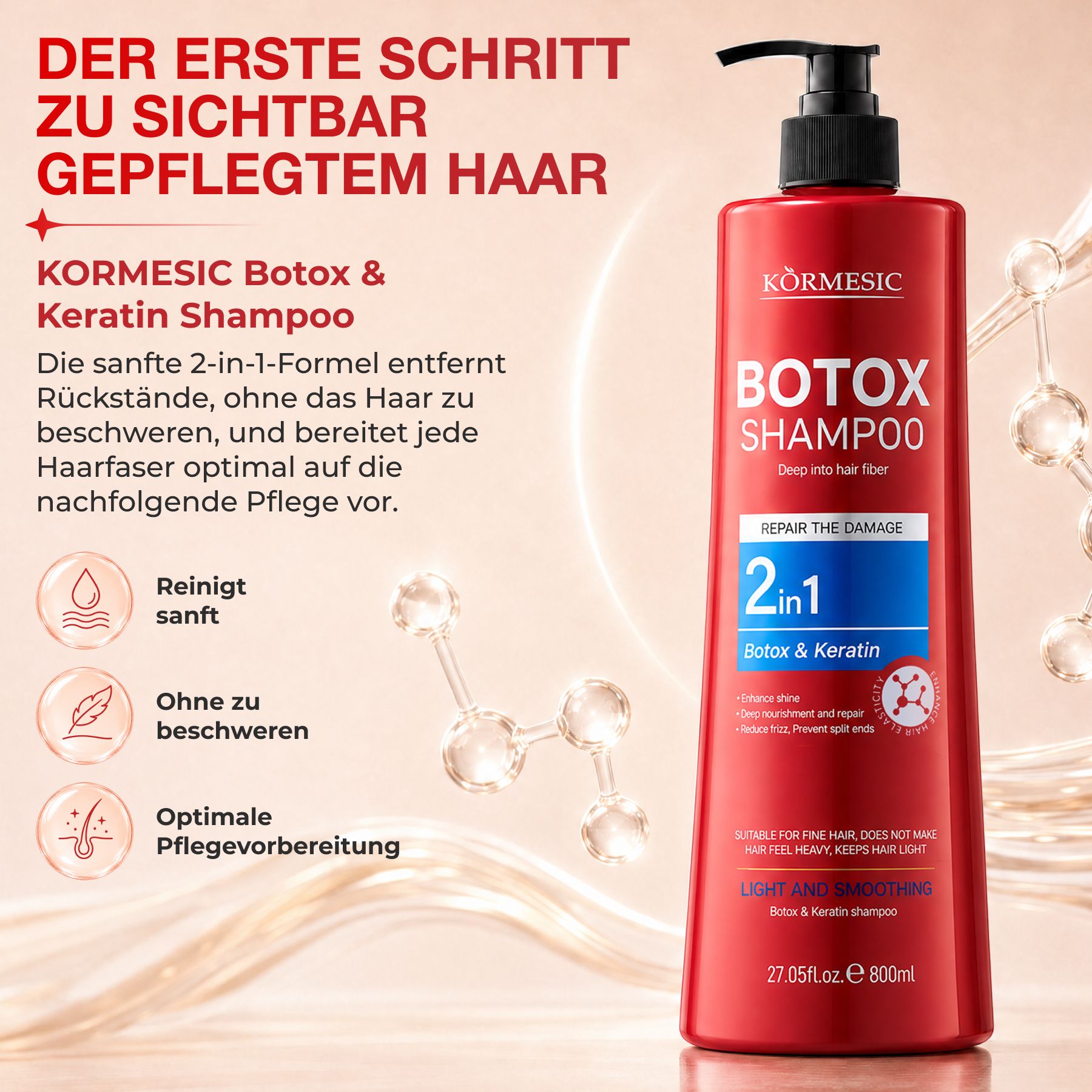 Rote Kormesic 2-in-1 Botox & Keratin Shampoo Flasche mit Pumpspender, 800ml.