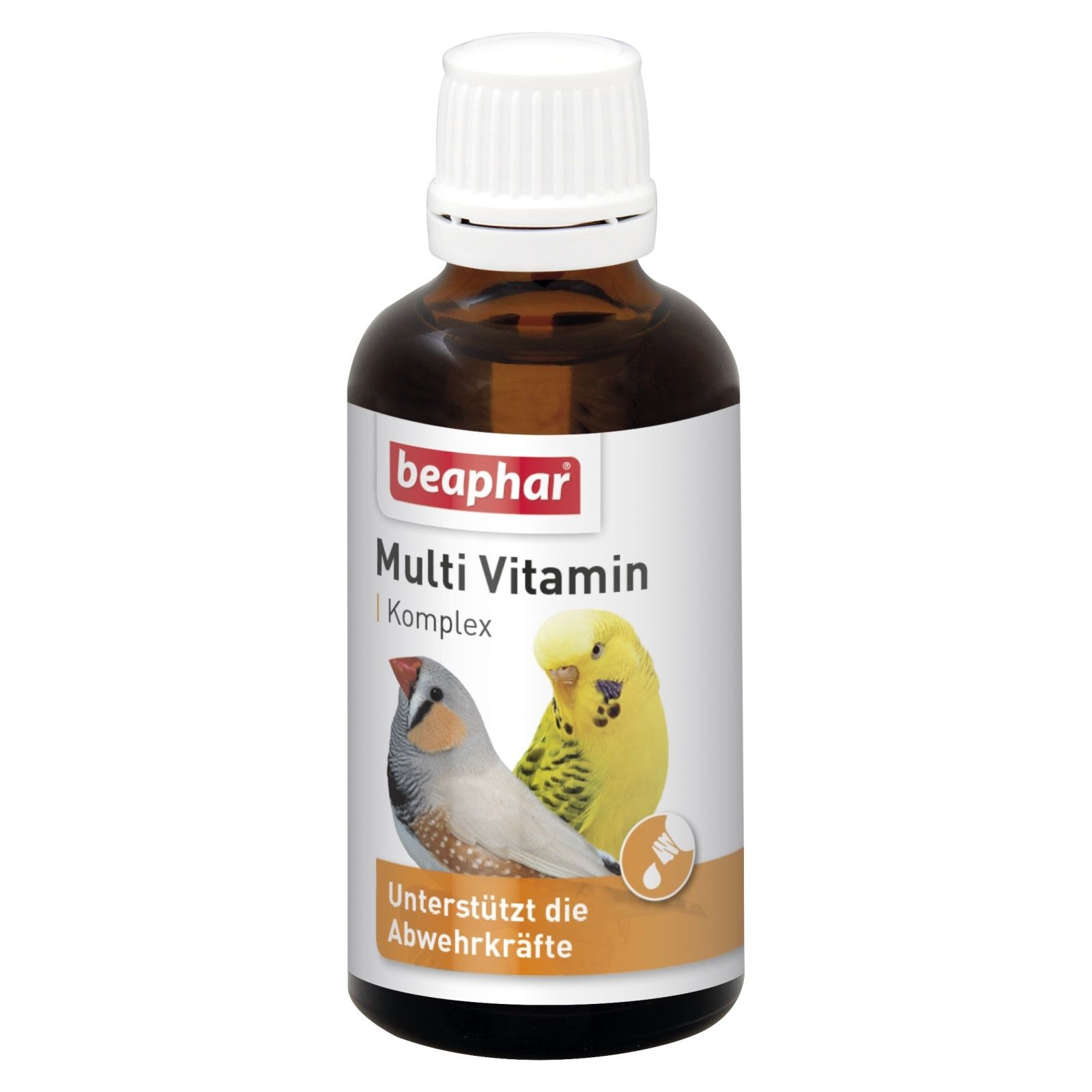 Braune Flasche mit weißem Verschluss. Aufkleber mit Produktnamen, Logo und Abbildung von zwei Vögeln. Text: Multi Vitamin Komplex.