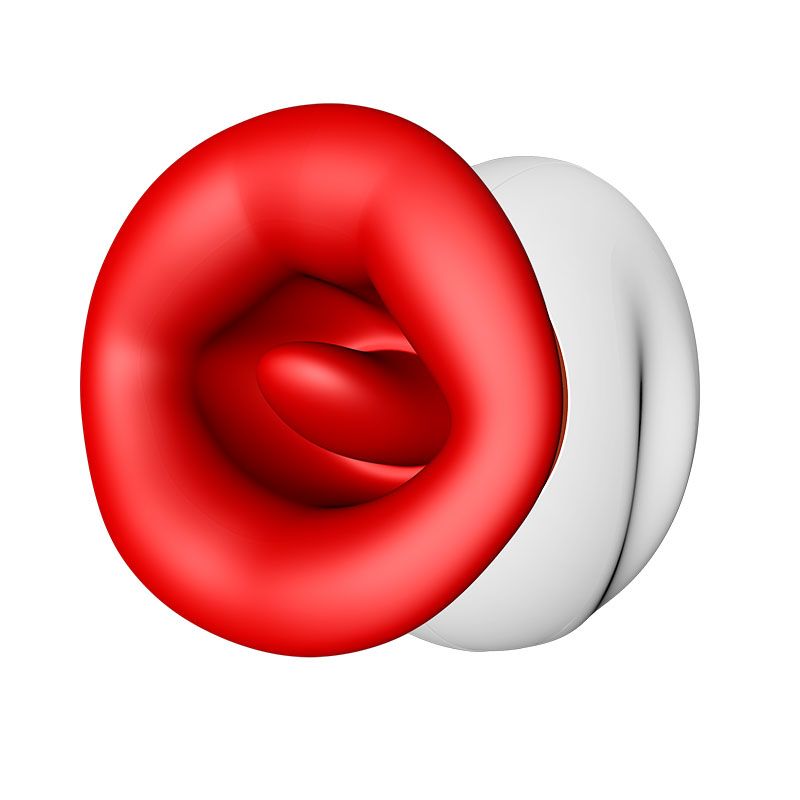 Weißes, ovales Gerät mit roter, ringförmiger Öffnung. Perspektivische Ansicht. Keine weiteren Details.