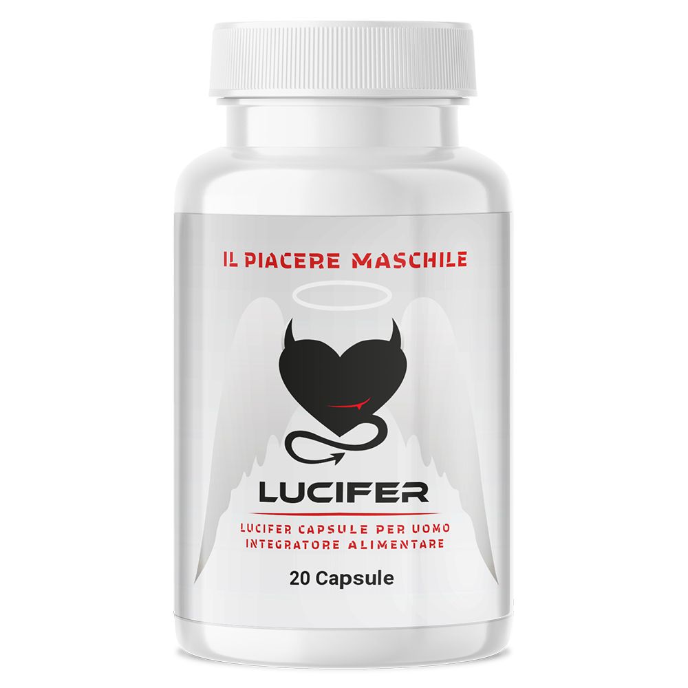 Flacone bianco con capsule. Scritta: Lucifer. Logo con cuore, ali e coda di diavolo. 20 Capsule. Testo: Il Piacere Maschile. Integratore alimentare.