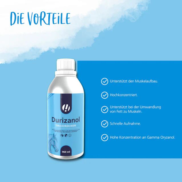 Flasche Durizanol. Aufschrift: Durizanol, Muskelwachstum & Entwicklung. Logo. 960ml. Text: Die Vorteile.