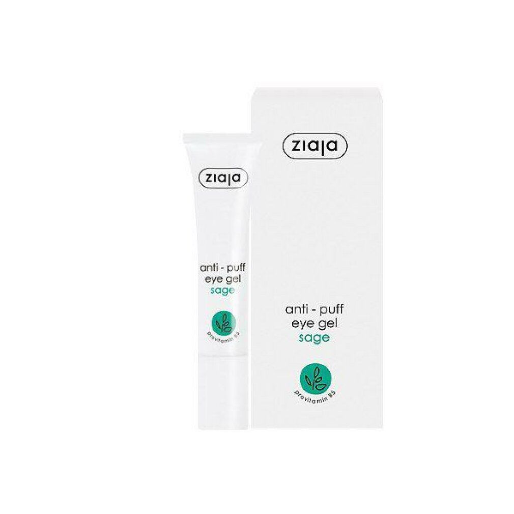 Weiße Tube und Karton. Aufschrift: Ziaja, Anti-Puff Eye Gel Sage. Mit Salbei-Blatt-Symbol. Verpackung.