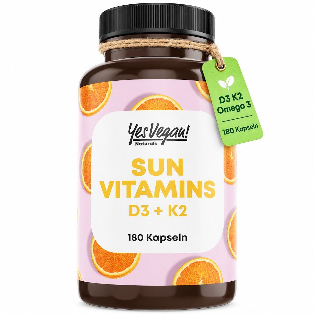 Flasche mit 180 Kapseln "Sun Vitamins D3 + K2" von YesVegan! Naturals.