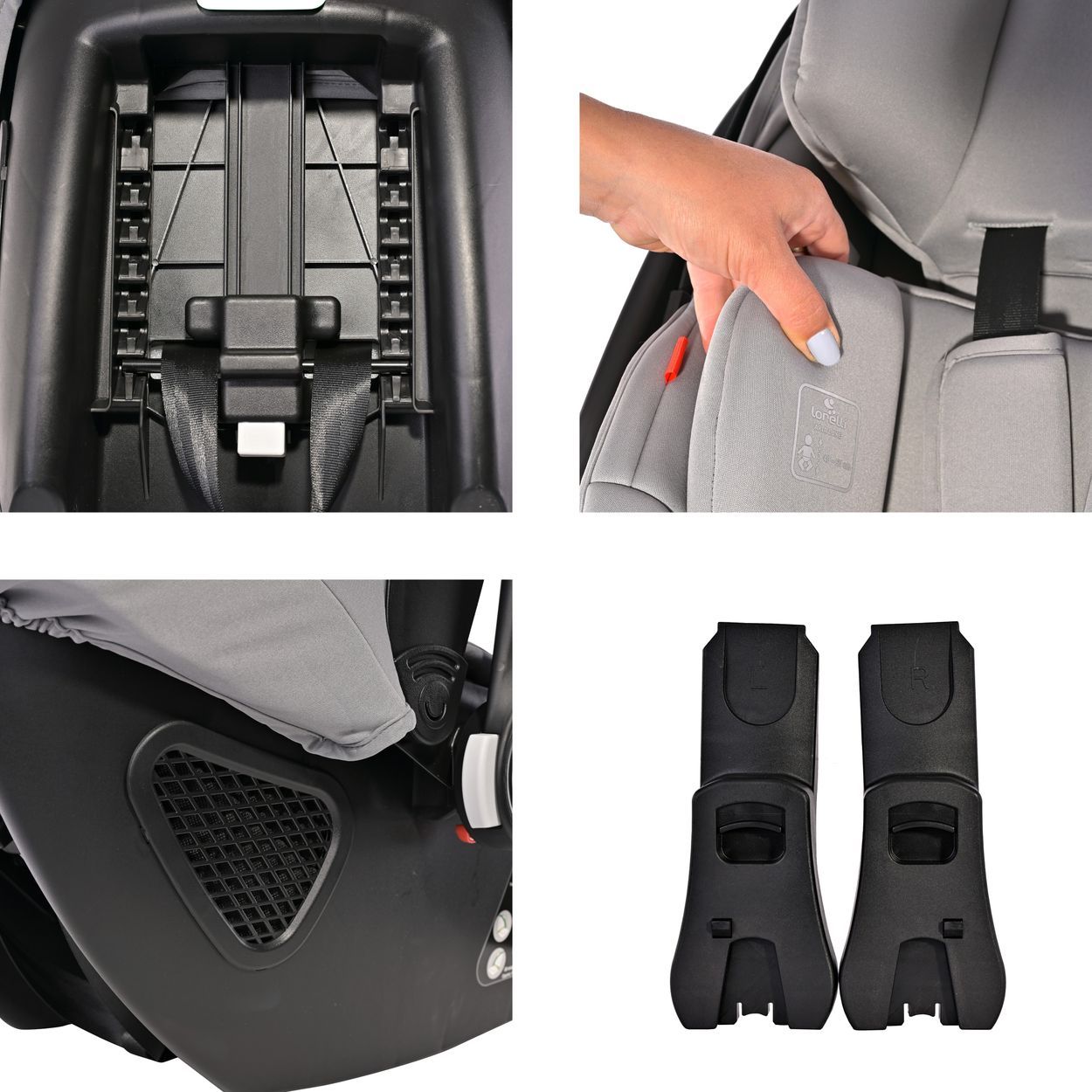 Detailansichten einer Babyschale: Basis, Sitzverkleinerer, Adapter.