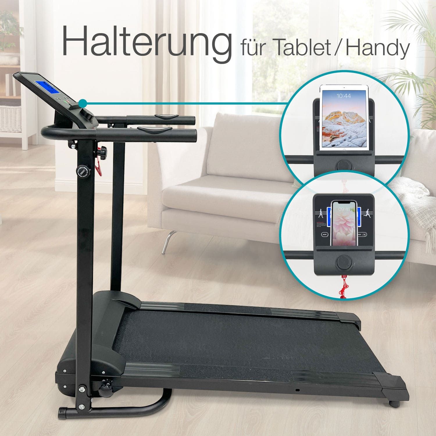 aktivshop klappbares Laufband schwarz, 750 Watt leiser Elektromotor, Extra breite 40 cm Lauffläche
