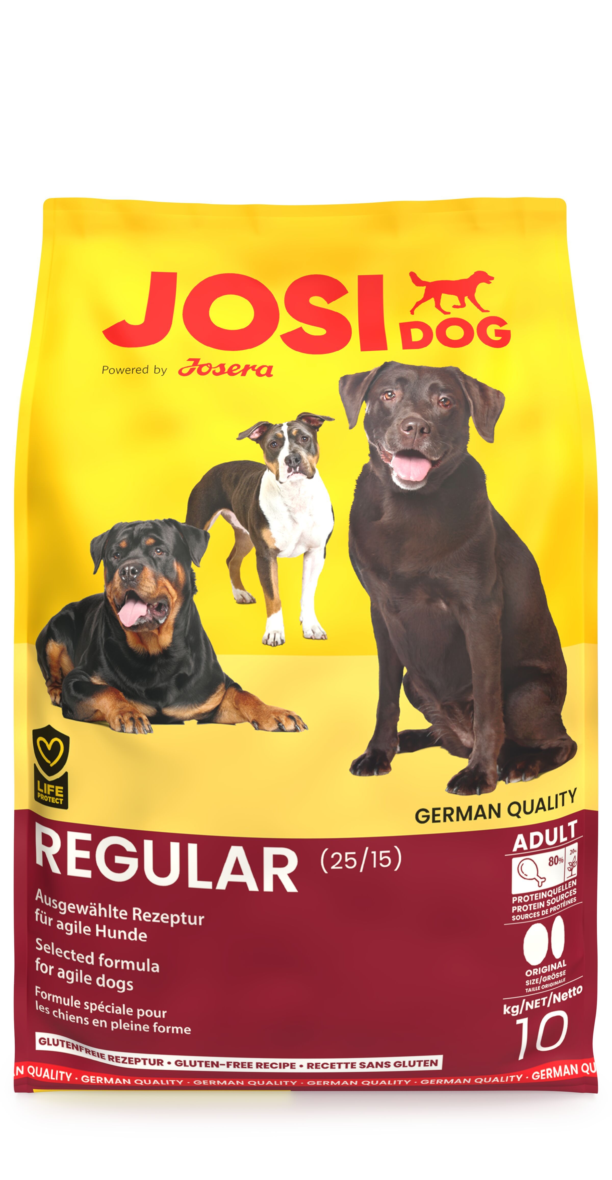 Gelber Beutel mit JosiDog-Logo und drei Hunden. Aufschrift: Regular, 10 kg, Gluten-Free Recipe.