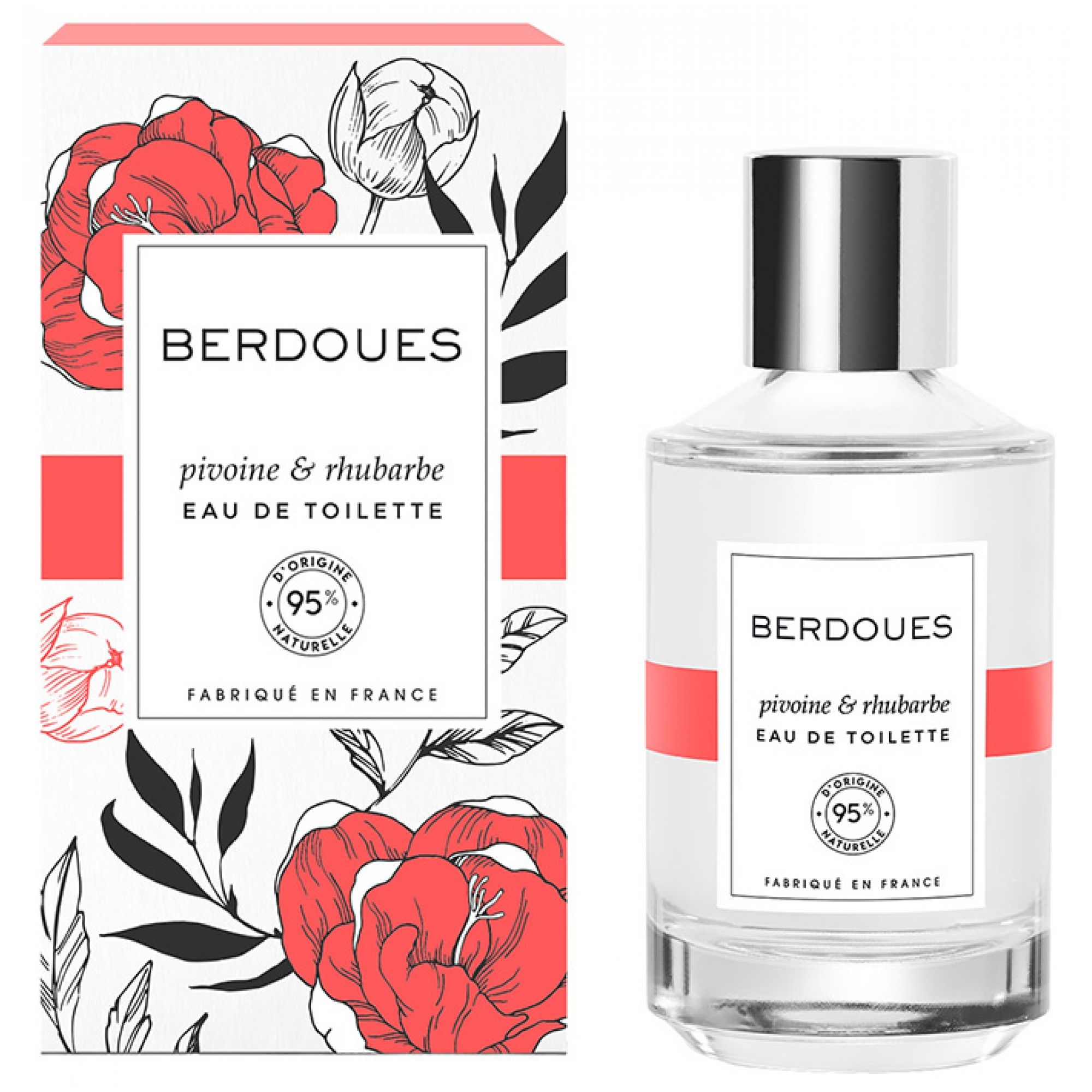 Parfümflakon und Verpackung mit Pfingstrosen- und Rhabarbermotiv. Berdoues Pivoine & Rhubarbe Eau de Toilette.
