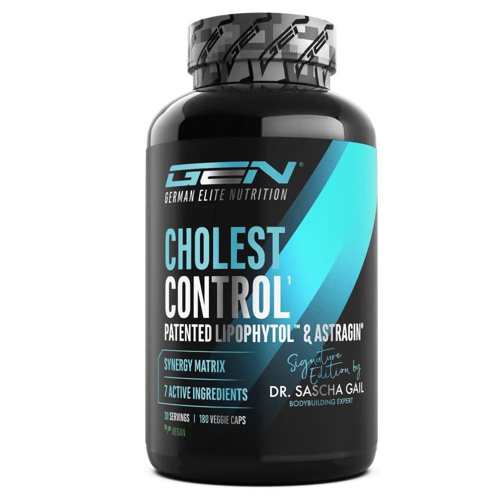 Schwarze Flasche mit GEN Cholest Control. Aufschrift: Cholest Control, Synergy Matrix, 7 Active Ingredients, 180 Veggie Caps. Signatur von Dr. Sascha Gail.