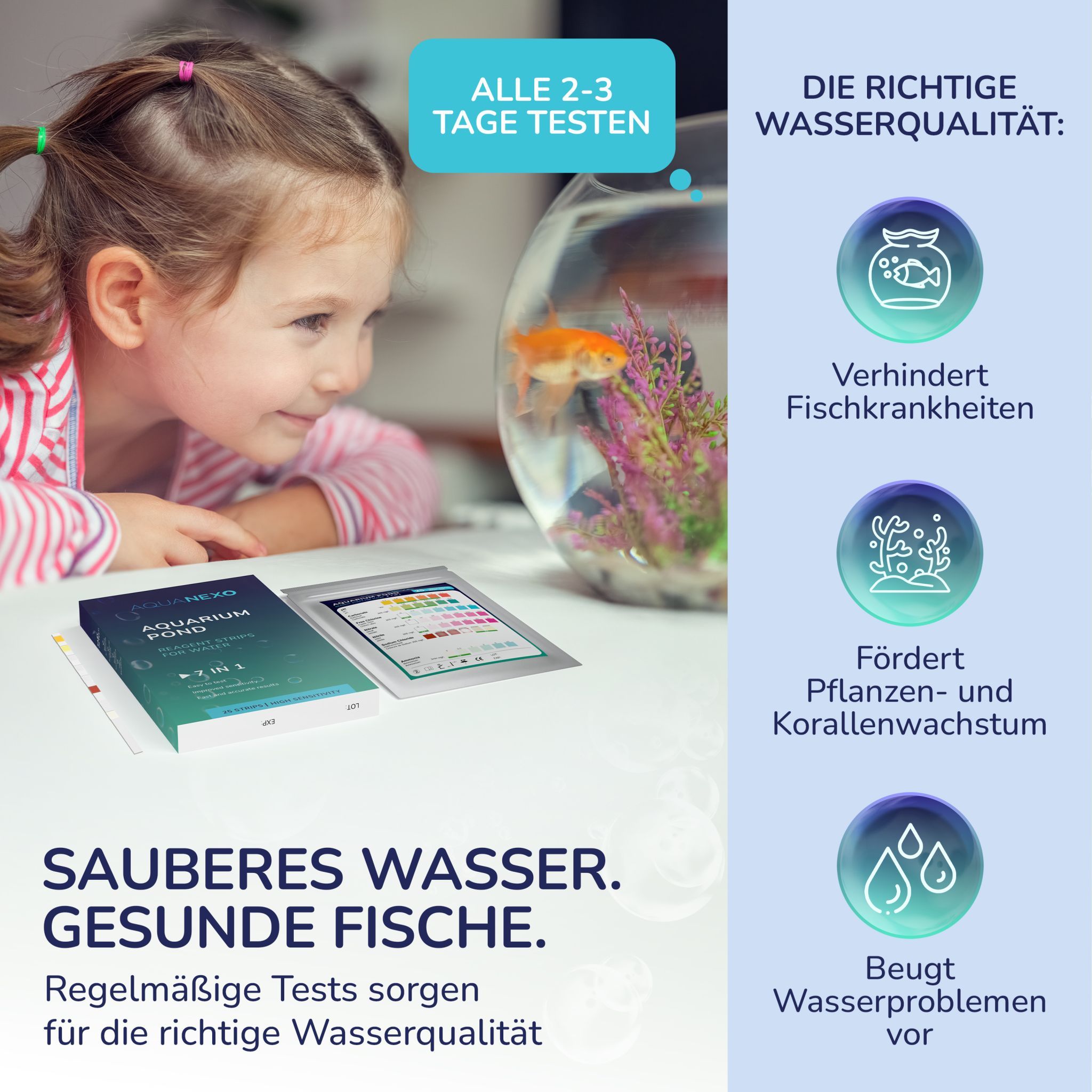 Kind betrachtet Aquarium. Packung und Farbskala. Text: Sauberes Wasser. Gesunde Fische. Vorteile: Fischkrankheiten verhindern, Pflanzenwachstum fördern.