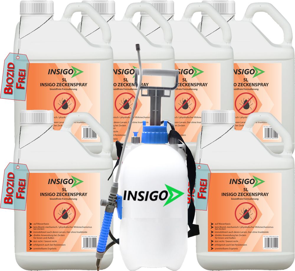 Mehrere weiße 5L-Kanister INSIGO Zeckenspray mit Sprühvorrichtung und Etikett "BIOZID FREI".