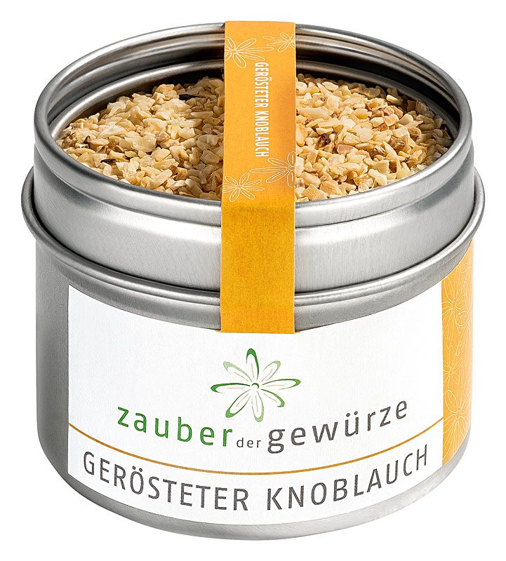 Runde Dose mit geröstetem Knoblauch. Etikett mit Produktname und Logo. Gelber Streifen mit Schriftzug.