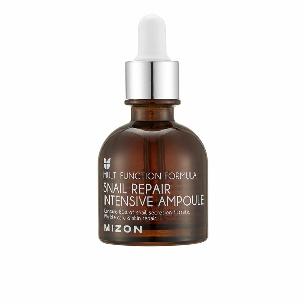 Braune Glasflasche mit silberner Kappe und Pipette. Aufschrift: Snail Repair Intensive Ampoule. Marke: MIZON.