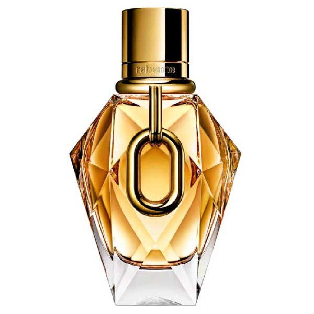 Goldfarbener Flakon mit goldfarbenem Verschluss und Anhänger. Aufschrift: Rabanne.