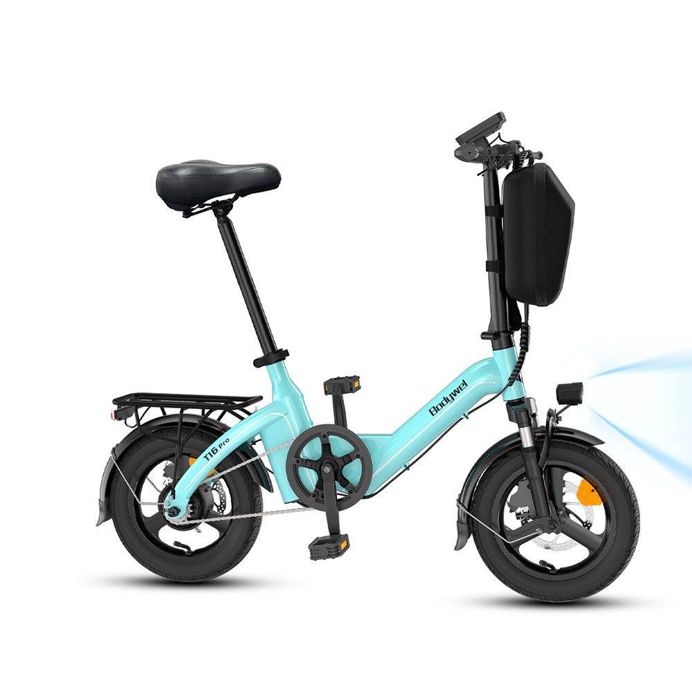 Hellblaues Elektrofahrrad mit schwarzem Gepäckträger, Sattel und Lenker. Scheinwerfer leuchtet. "T16 Pro" Schriftzug.