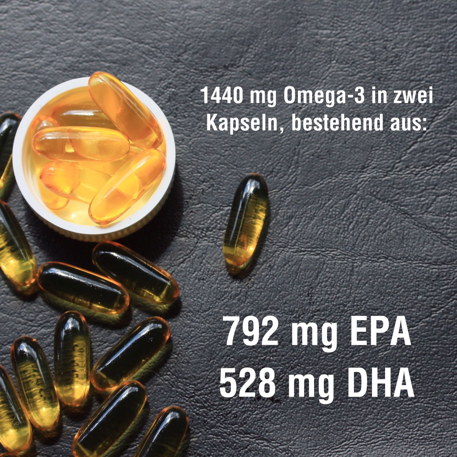 Kapseln mit Omega-3. 1440 mg Omega-3 in zwei Kapseln. EPA und DHA Werte.