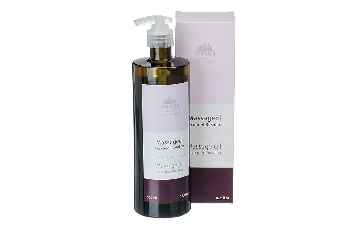 Braune Flasche mit Pumpe und Karton. Aufschrift: Massageöl Lavendel Rosalin. Marke: PINO.