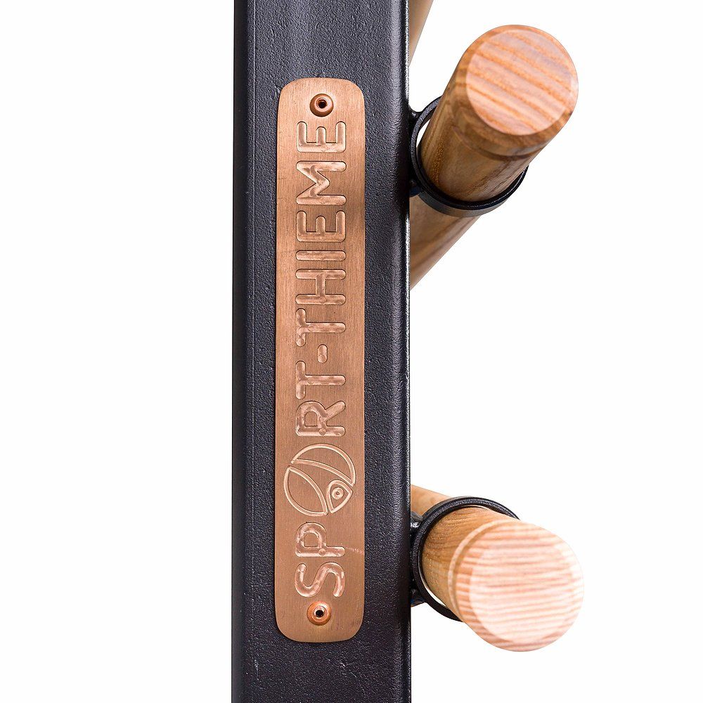 Detailansicht der Sprossenwand mit Logo. Holzsprossen, schwarzer Rahmen, Markenlogo Sport-Thieme.