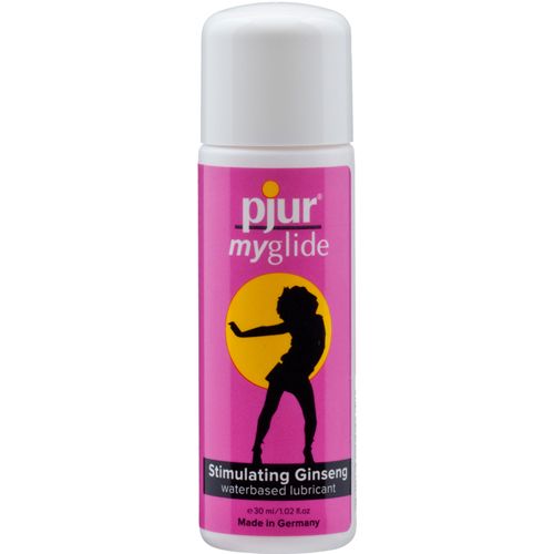 Rosa Flasche mit weißem Deckel. Aufschrift: pjur myglide. Abbildung einer Person vor gelbem Hintergrund. Text: Stimulierendes Ginseng Gleitmittel.