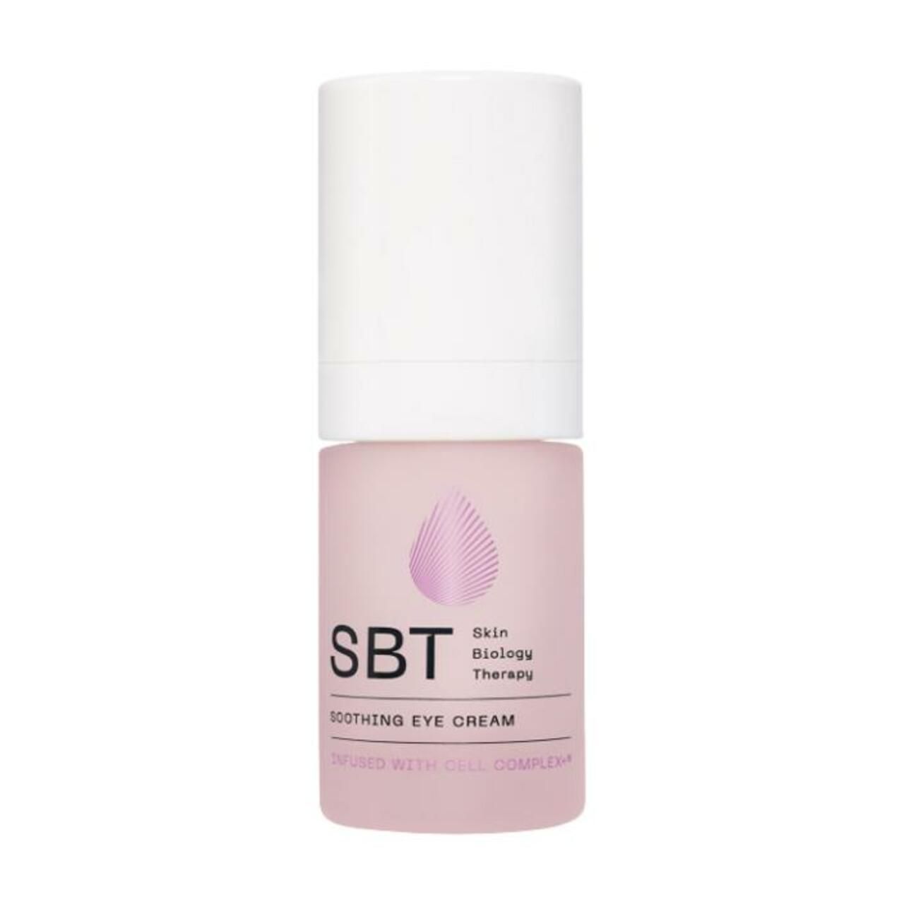 Rosa Augencreme-Flakon mit weißem Deckel. Aufschrift: SBT, Soothing Eye Cream. Logo: Tropfenform.