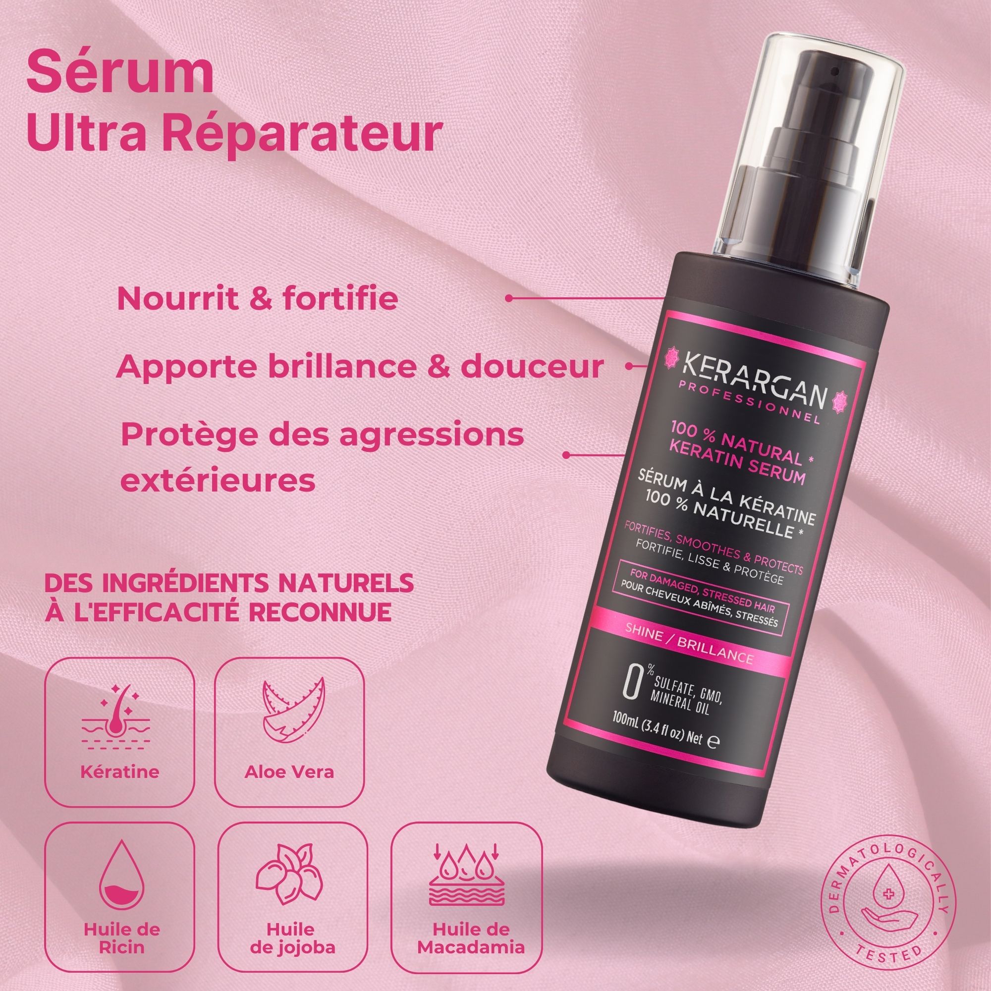 Sérum Kerargan en flacon noir avec étiquette rose. Contient 100% kératine naturelle. 100ml. Testé dermatologiquement.