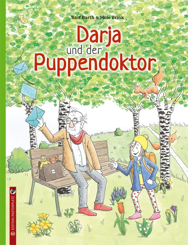 Buchcover mit Titel "Darja und der Puppendoktor". Illustration mit Figuren im Park, darunter ein Mann, ein Mädchen und Eichhörnchen.