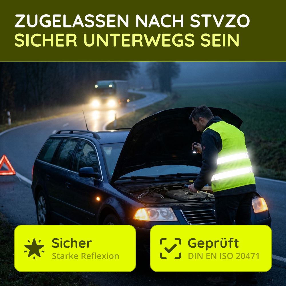 Mann mit Warnweste am Auto bei Nacht, geprüft nach DIN EN ISO 20471.