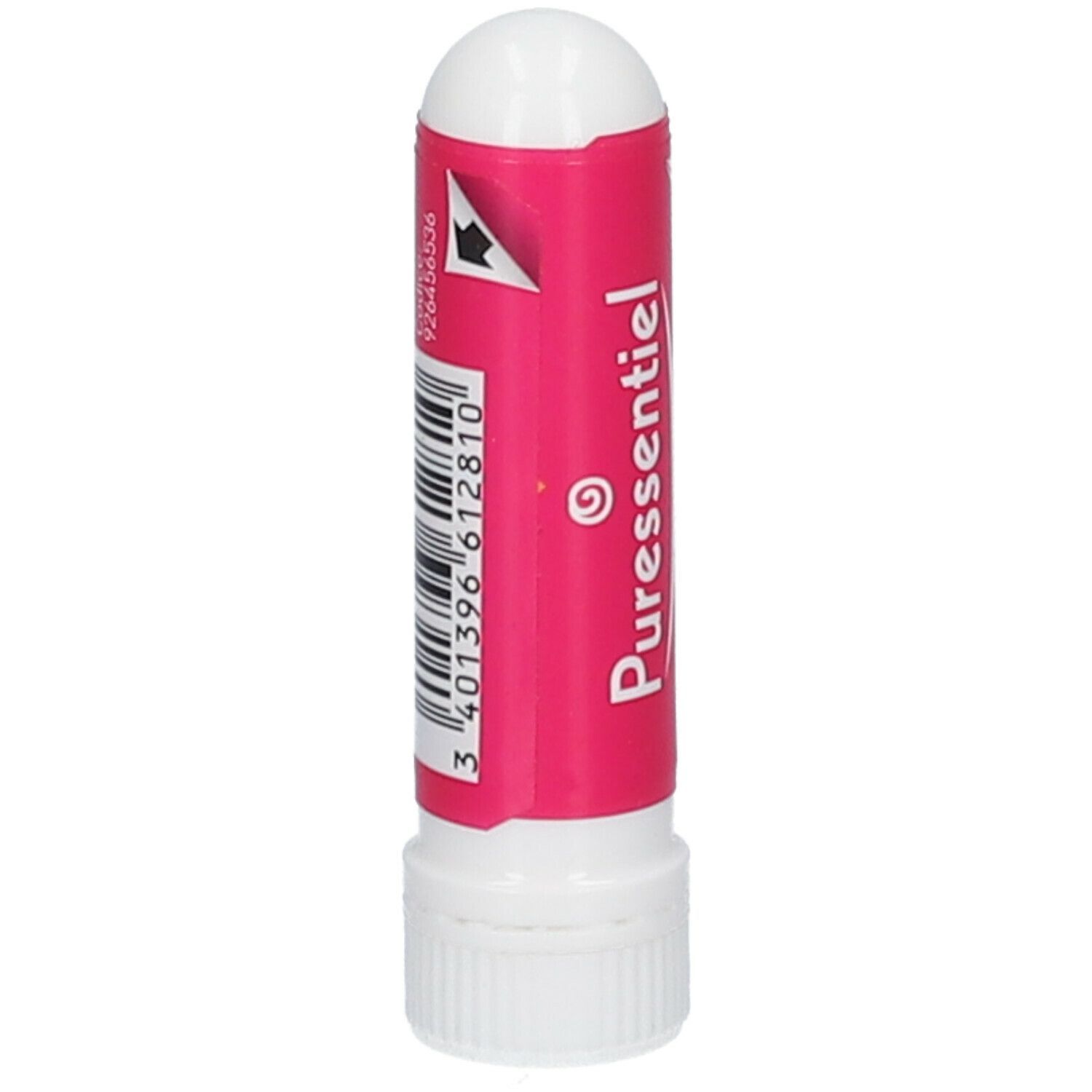 Inalatore bianco e rosa. Etichetta con testo: Coupe Faim, Puressentiel. Codice a barre e simbolo di avvertimento.