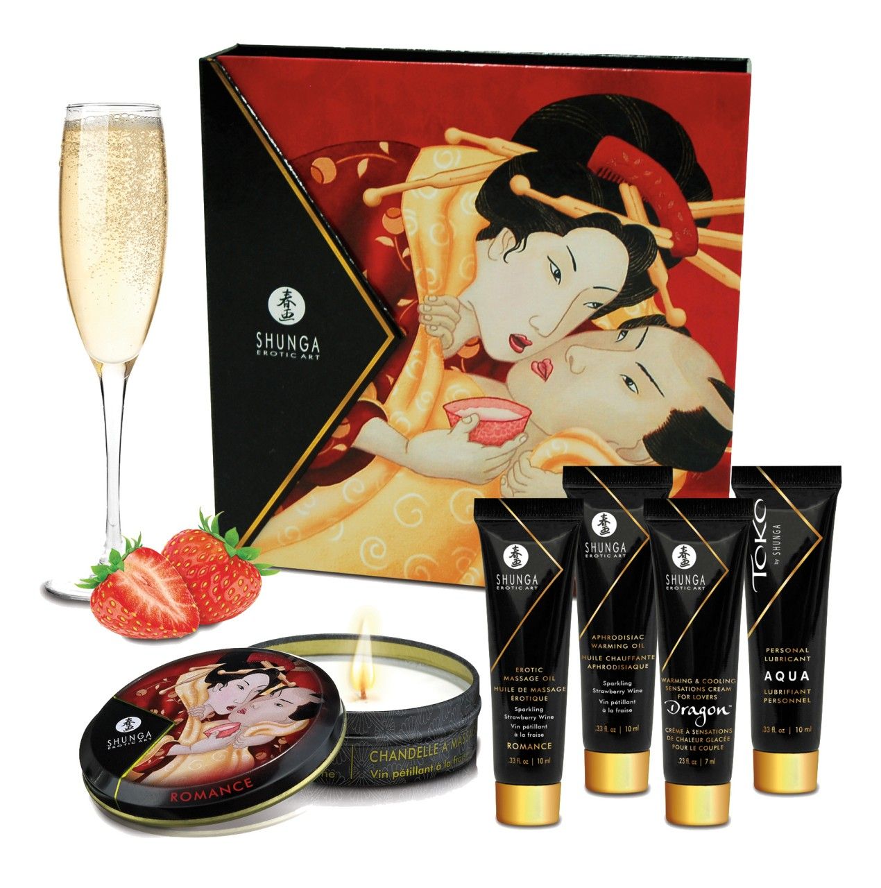 Geschenkset mit Produkten. Enthält Cremes, Öl, Kerze, runde Dose und Flasche Sekt. Geisha-Illustration.