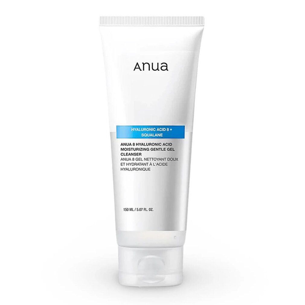 Weiße Tube mit blauem Streifen. Aufschrift: Anua, Hyaluronsäure, Squalane, Anua 8 Hyaluronic Acid Moisturizing Gentle Gel Cleanser.