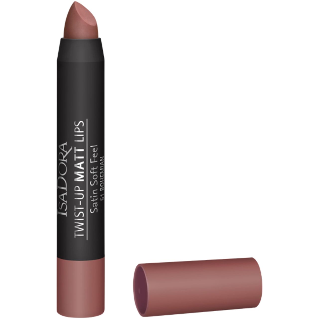 Lippenstift IsaDora Twist-Up Matt Lips, braun. Schwarzer Stift mit brauner Spitze und Kappe. Schriftzug: IsaDora, Twist-Up Matt Lips, Satin Soft Feel.