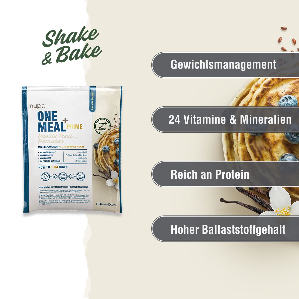Beutel mit nupo ONE MEAL+ Prime. Text: 24 Vitamine & Mineralien, reich an Protein, hoher Ballaststoffgehalt.