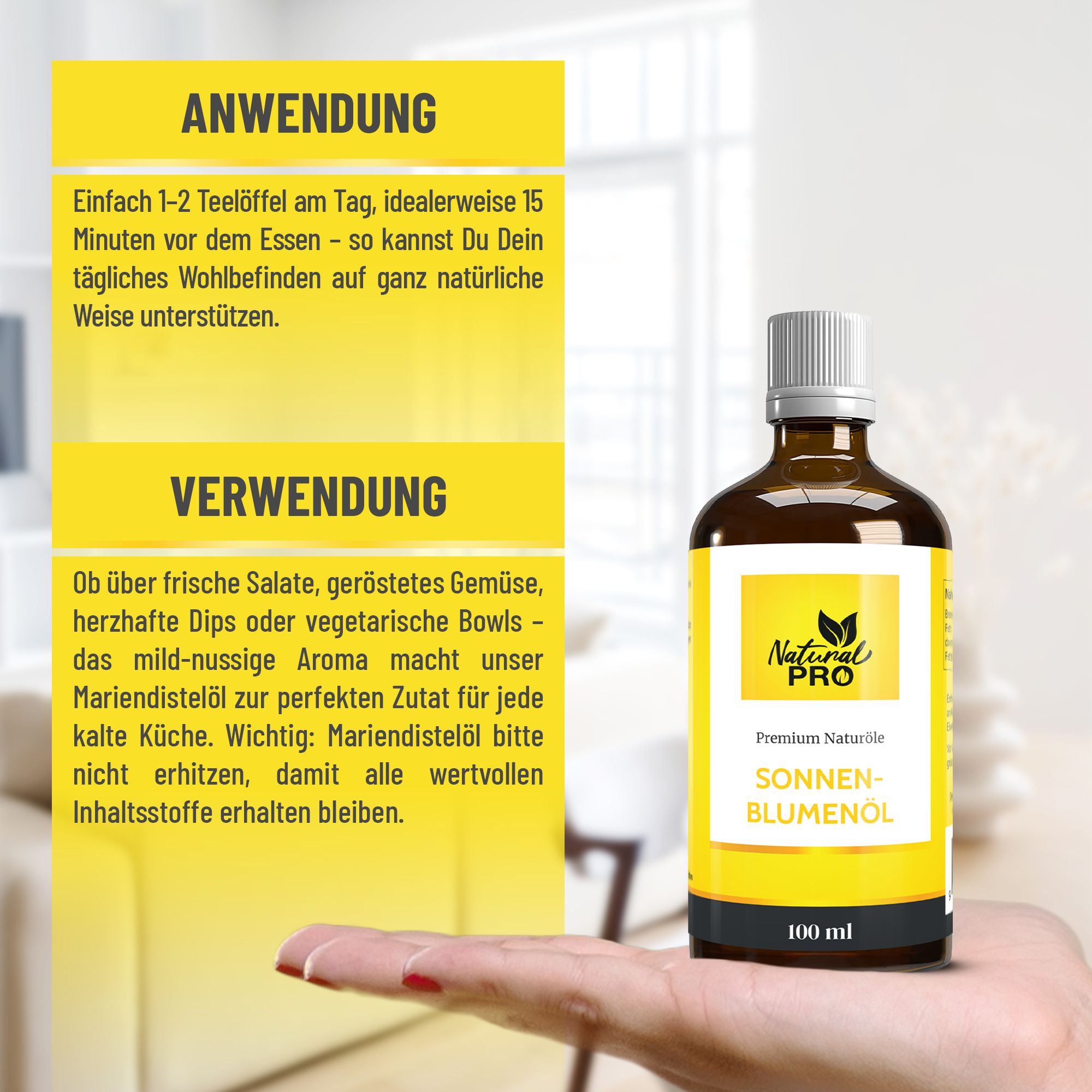 Braune Glasflasche mit gelbem Etikett. Text: Sonnenblumenöl, 100 ml. Anwendung: 1-2 Teelöffel täglich. Verwendung: Salate, Dips, Gemüse.