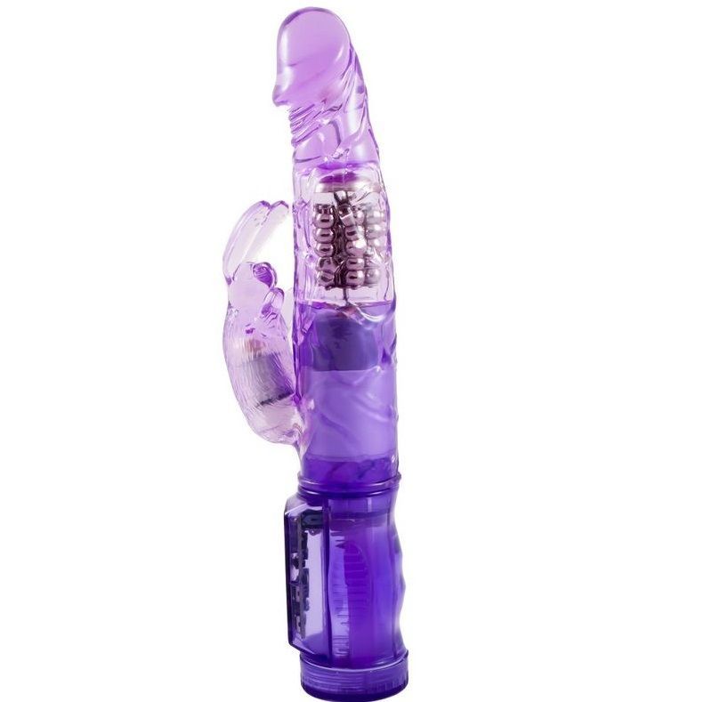Lila Vibrator mit Hasenohren-Aufsatz. Transparenter Schaft. Bedienfeld am unteren Ende. Auf weißem Hintergrund.