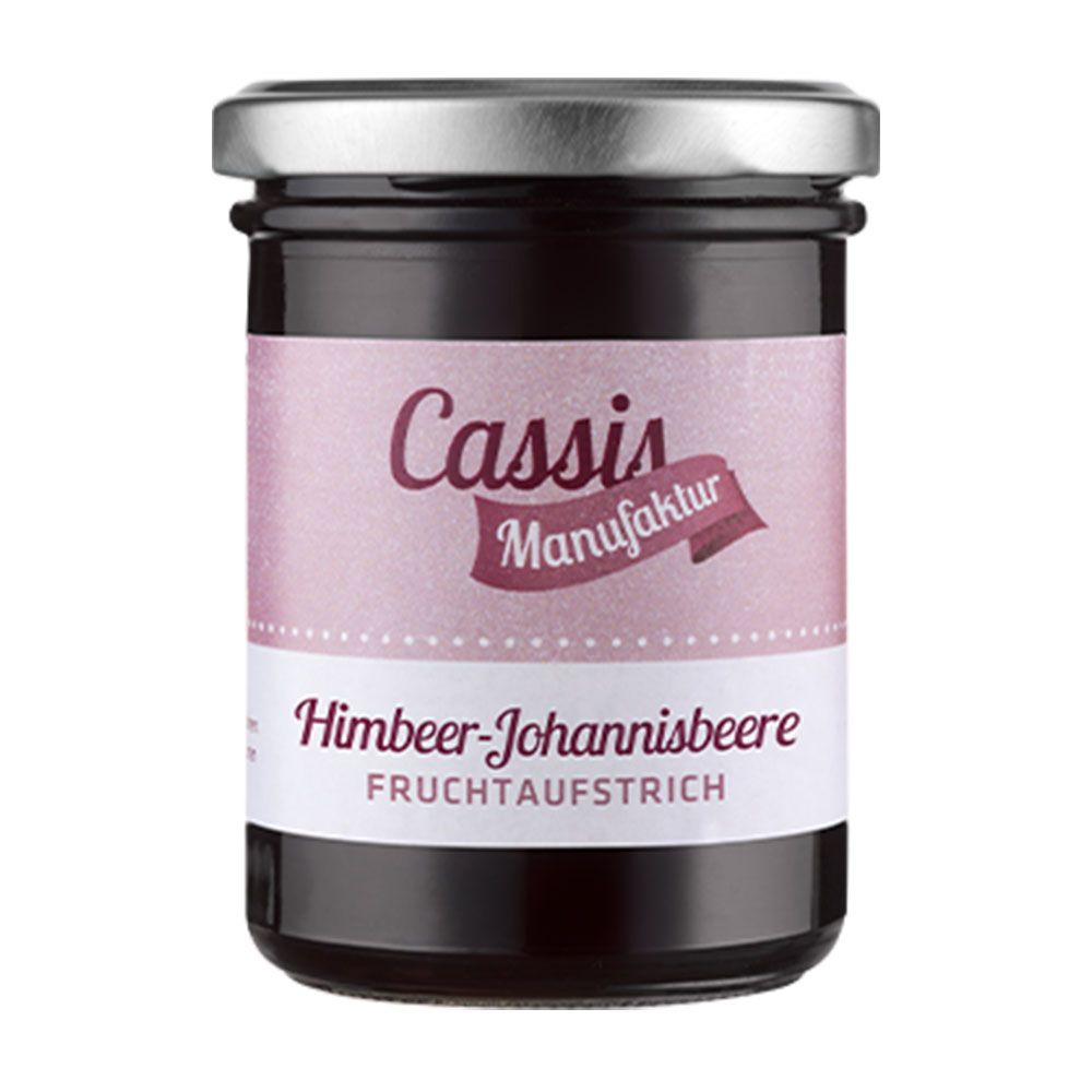 Glas mit Fruchtaufstrich Himbeer-Johannisbeere. Etikett mit Schriftzug "Cassis Manufaktur".