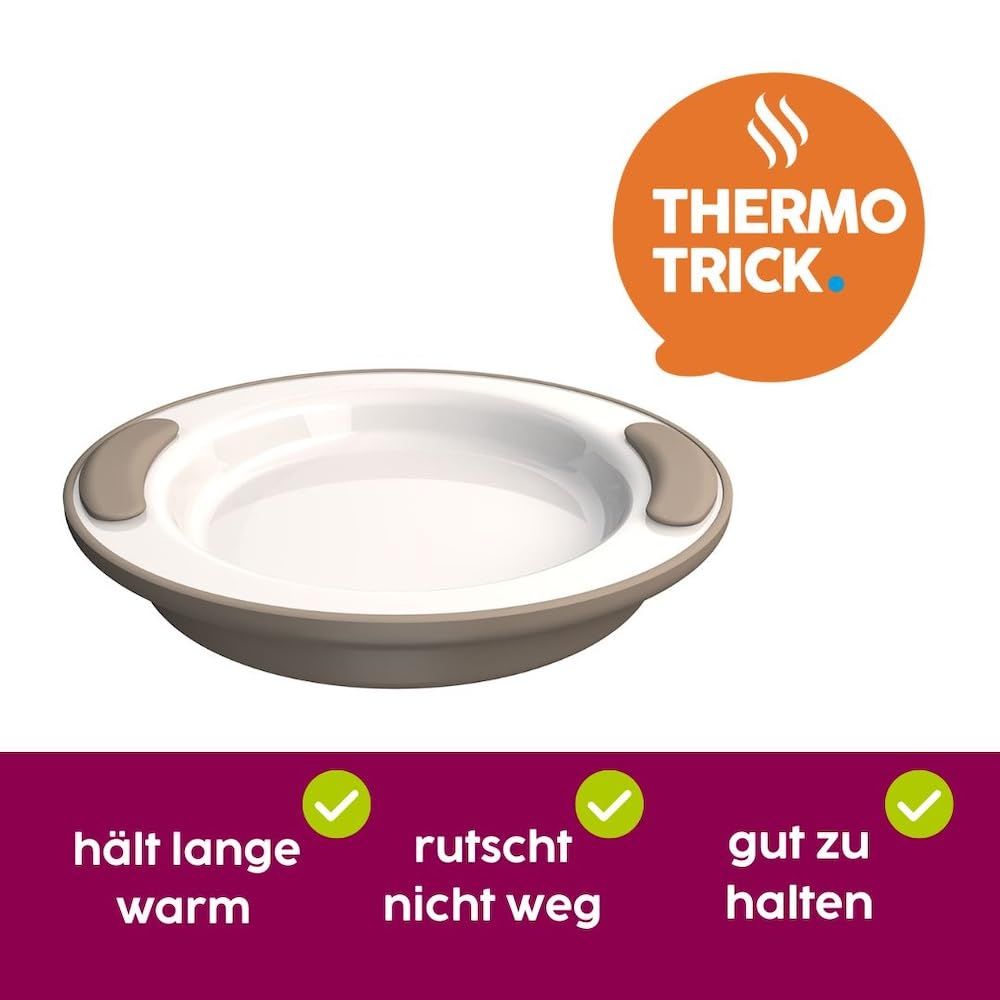 ORNAMIN Thermoteller mit "Thermo Trick" Logo und Vorteilen: hält warm, rutscht nicht, gut zu halten.