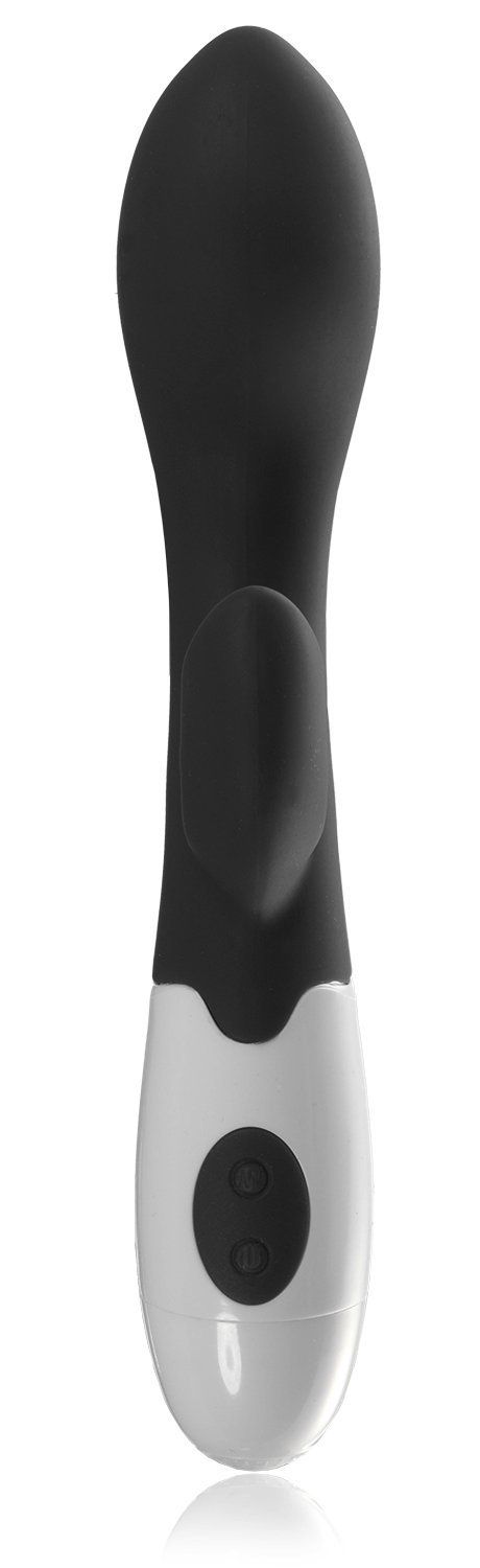 Silikon-Vibrator, schwarz und weiß. Ovale Form mit zwei Knöpfen. Der Griff ist weiß, der Rest schwarz.