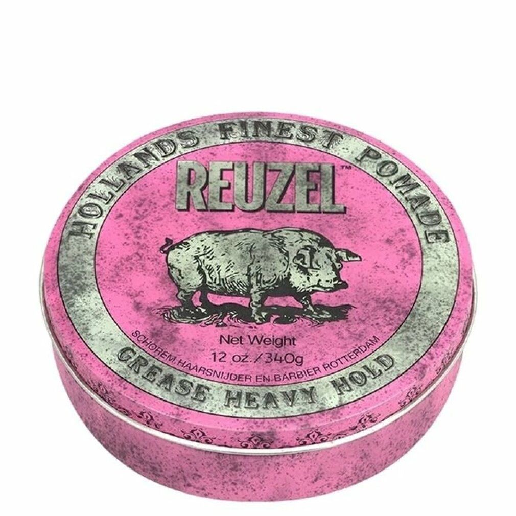 Runde Dose, rosa Deckel. Reuzel-Schriftzug, Schweine-Illustration, Text. 12 oz./340g. "Grease Heavy Hold".