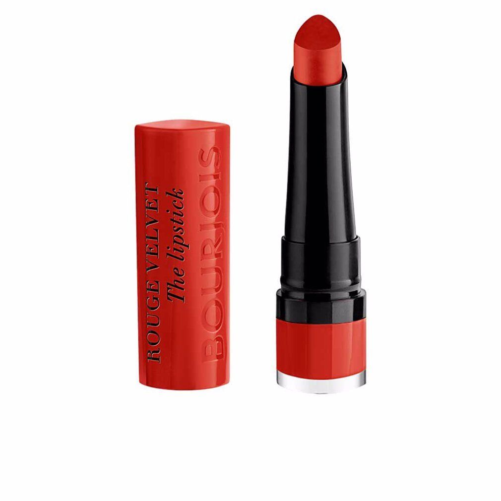 Roter Lippenstift, geöffnet. Schwarzer Stift, rote Spitze. Rote Hülse mit Schriftzug: Bourjois Rouge Velvet The lipstick.