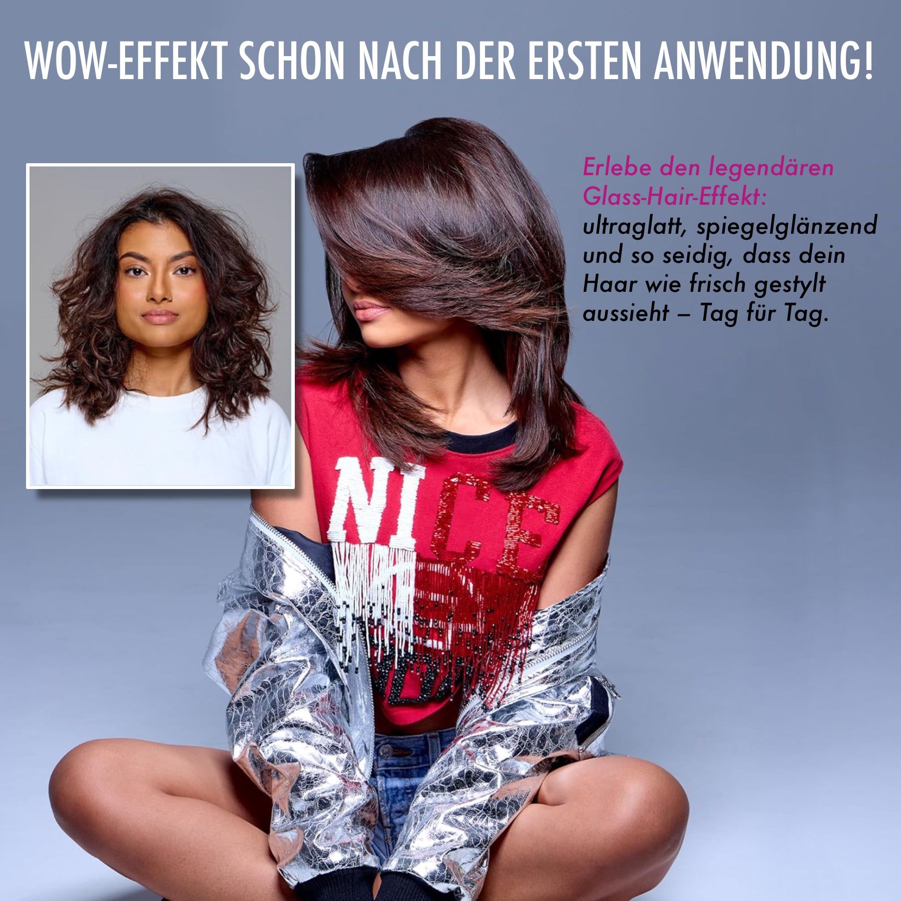 Frau mit glattem Haar neben Frau mit krausem Haar. Text: Glass-Hair-Effekt. Rotes Oberteil, silberne Jacke. Grauer Hintergrund.