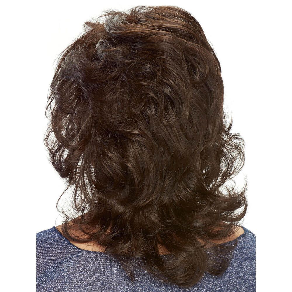 Perücke Gloria von Lofty. Braun, gewellt, mittellang. Rückansicht.