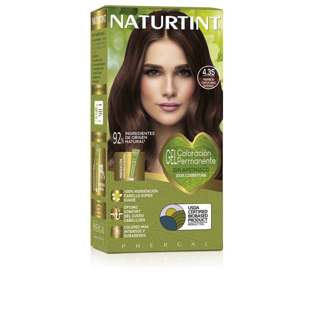 Naturtint 4.35 Verpackung. Aufdruck: 4.35, Marrón Capuchino. Frau mit braunen Haaren. Grün-weiße Verpackung mit Produktinformationen. USDA-Zertifizierung.