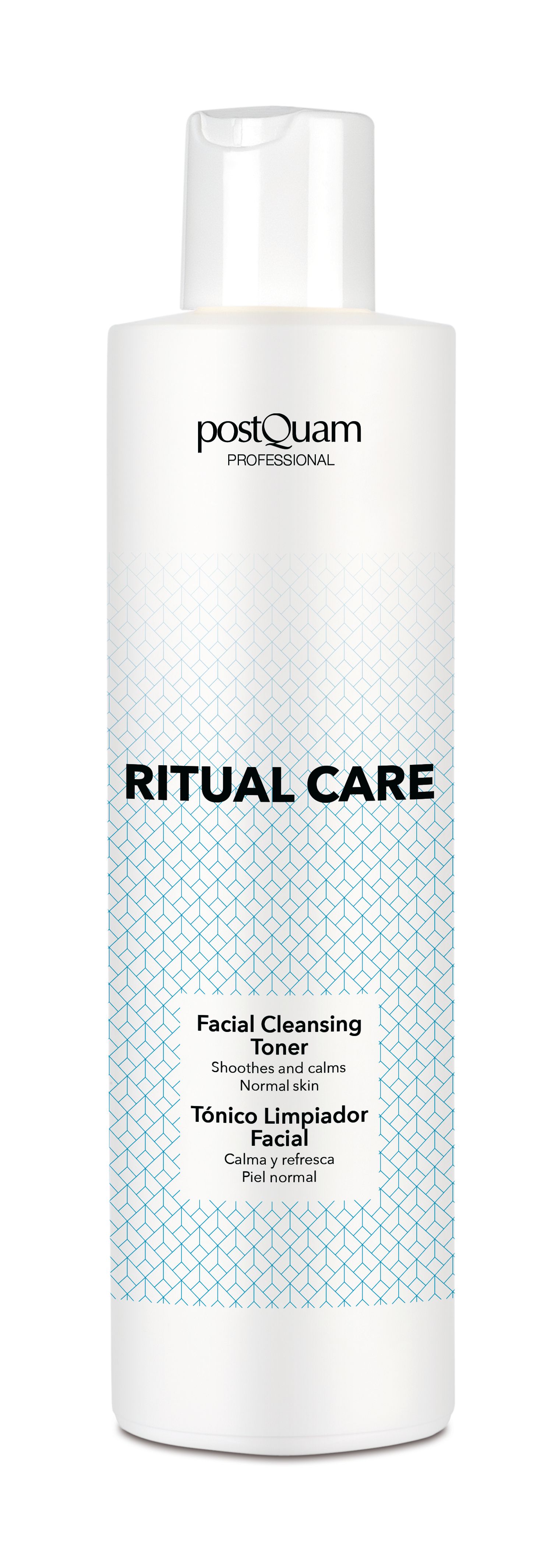 Weißes Gesichtswasser von postQuam. Aufschrift: RITUAL CARE, Facial Cleansing Toner. Für normale Haut.