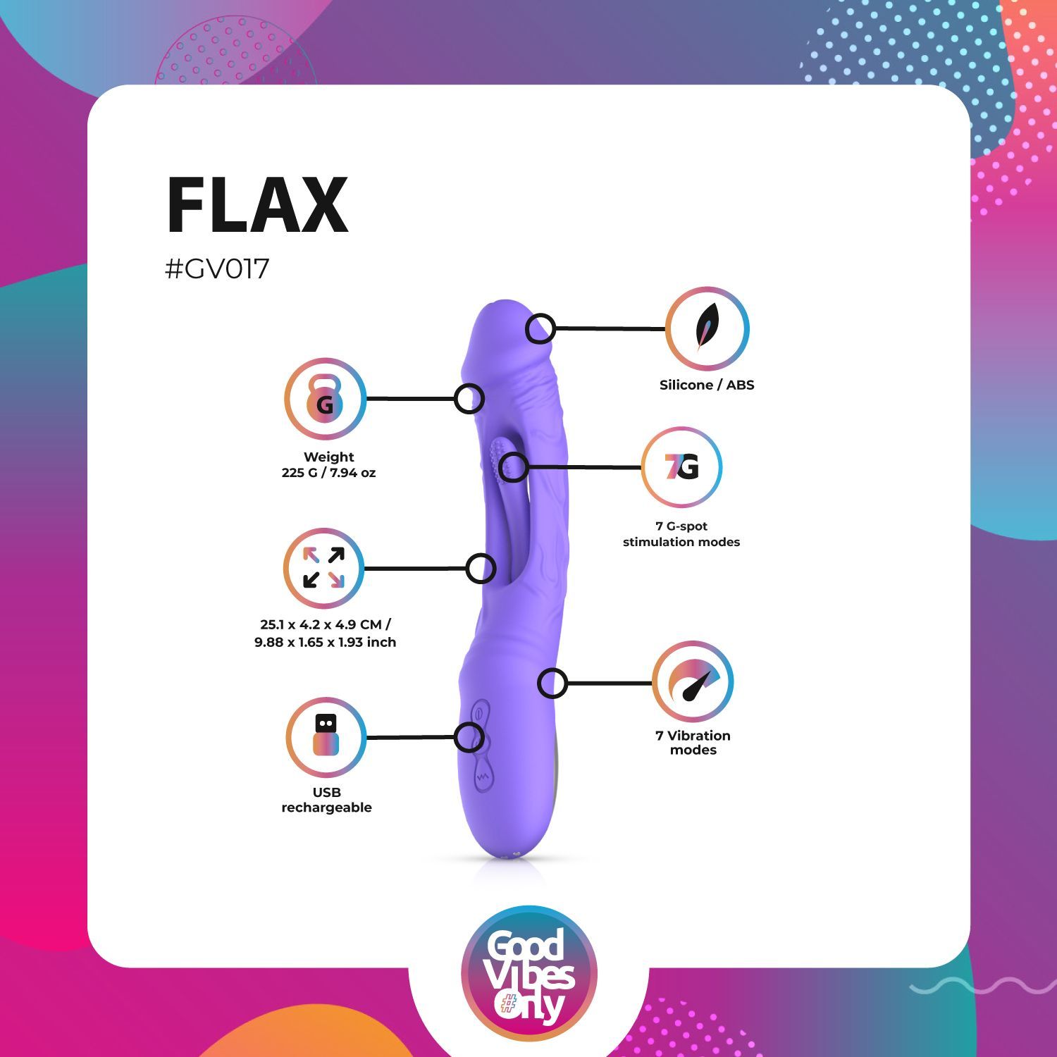 Lila Vibrator mit Produktinformationen. Gewicht: 225 g. Abmessungen: 25,1 x 4,2 x 4,5 cm. 7 Vibrationsmodi.