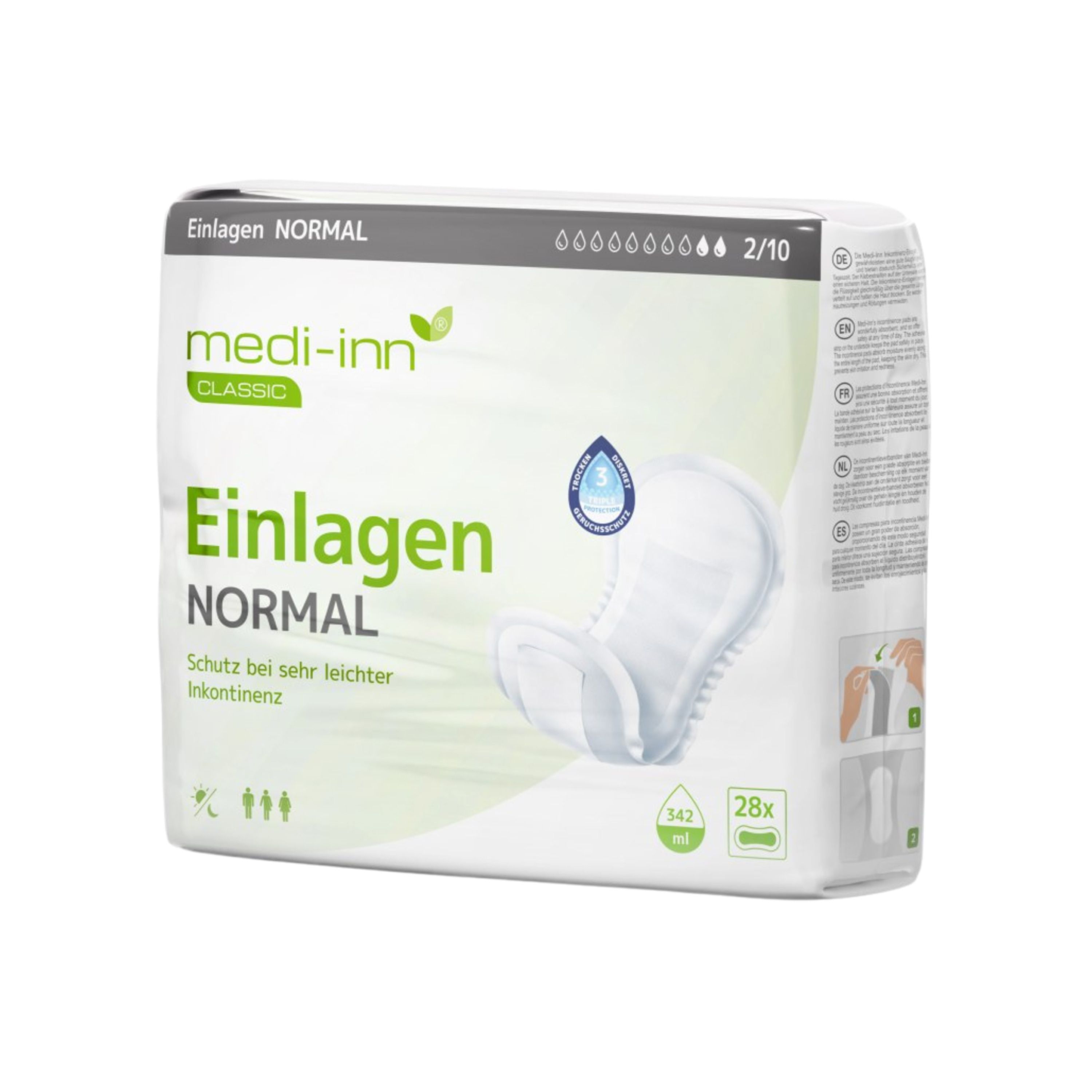 Verpackung von Medi-Inn Inkontinenz-Einlagen NORMAL. Weiß, mit Produktabbildung und Text.