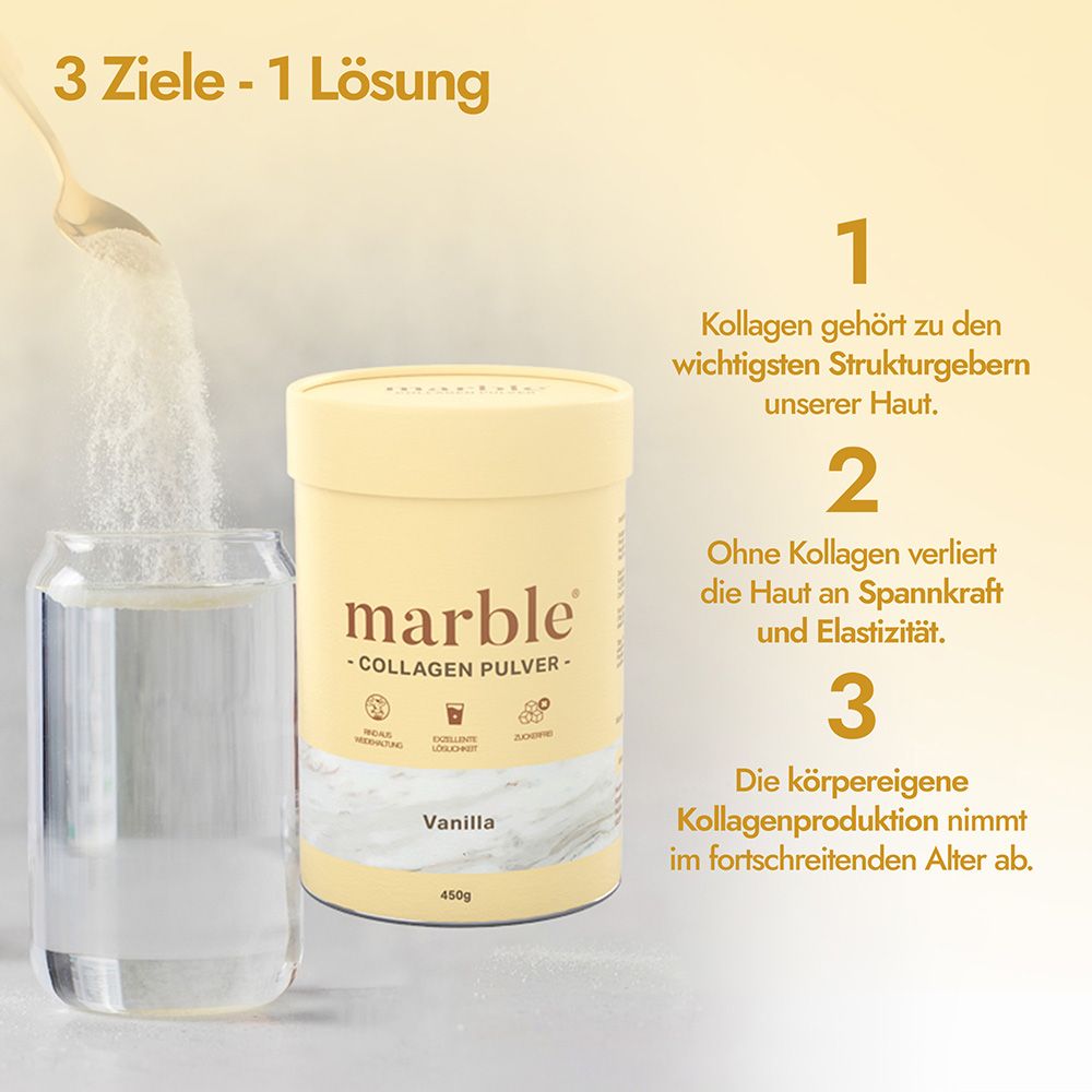 Glas Wasser, Löffel mit Pulver, Dose "marble" Collagen Pulver. Text: 3 Ziele - 1 Lösung. Kollagenproduktion.