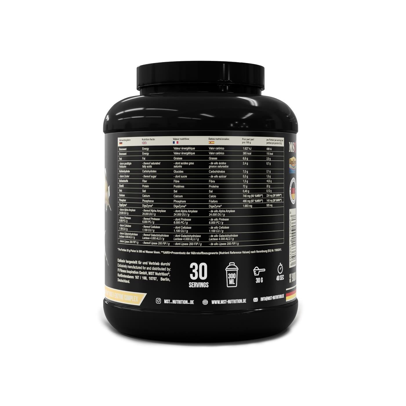Rückseite der schwarzen Dose. Nährwertangaben, 30 Portionen, 300 ml. Text in Deutsch, Französisch, Italienisch.