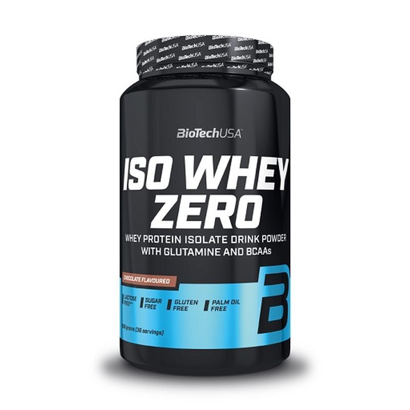 Schwarze Dose mit BiotechUSA Iso Whey Zero. Aufschrift: Whey Protein Isolat Drink Powder. Frei von Zucker, Gluten und Palmöl.