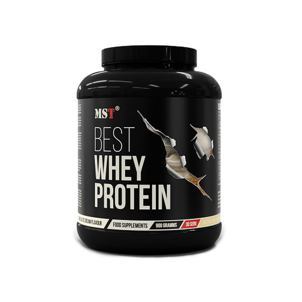 Schwarze Dose mit 'MST BEST WHEY PROTEIN'. 900 Gramm, 30 Portionen. Fisch-Grafik.