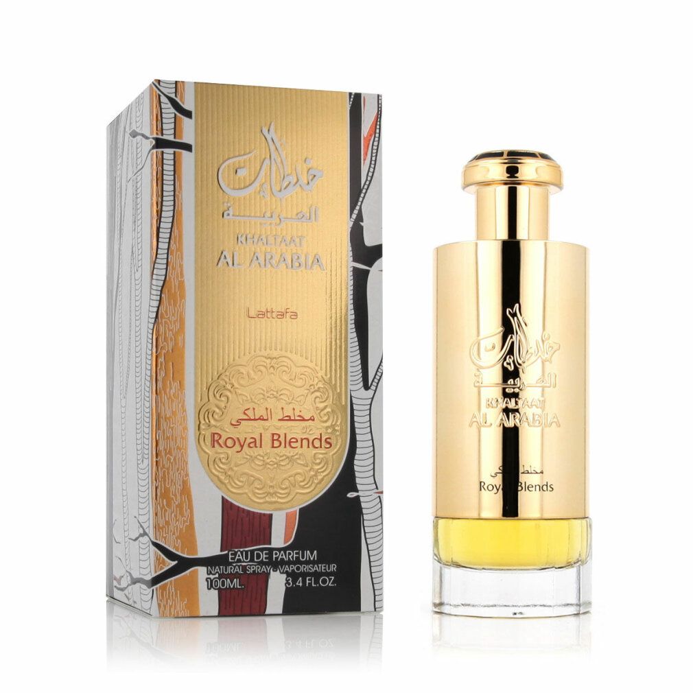 Goldfarbene Parfumflasche und Verpackung. Aufschrift: Khaltaat Al Arabia, Lattafa, Royal Blends. Arabische Schrift.